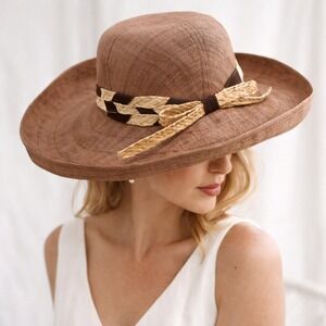 Vintage Lord & Taylor Straw Hat Brown Tan Bow Wide Brim Natural Fiber Pillbox